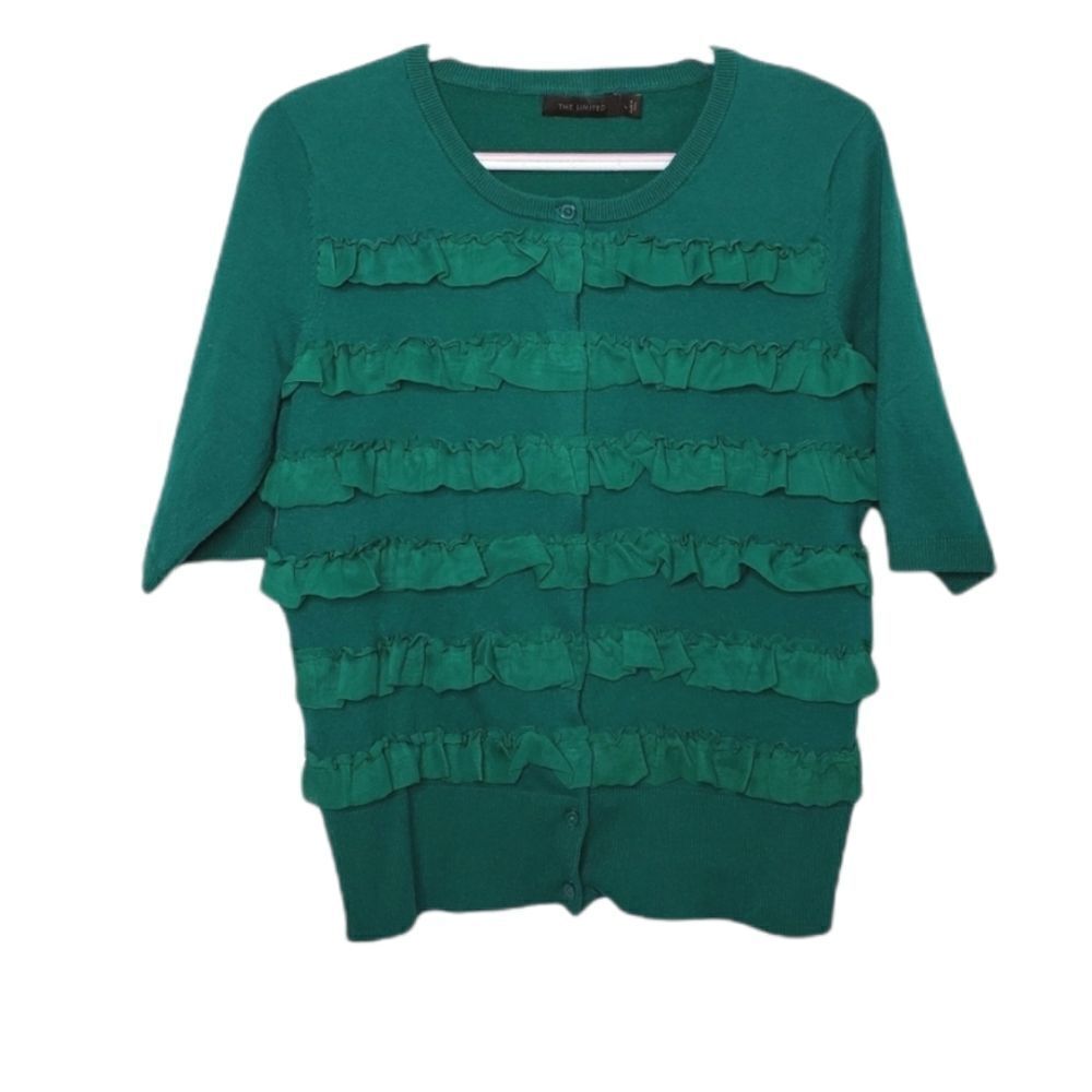 THE LIMITED kelly green short sleeve ruffle cardigan sweater L